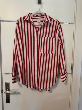 Women’s Red & White Vertical Stripe Button-Down Shirt